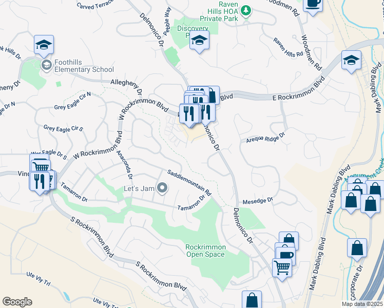 map of restaurants, bars, coffee shops, grocery stores, and more near 230 Silver Spring Drive in Colorado Springs