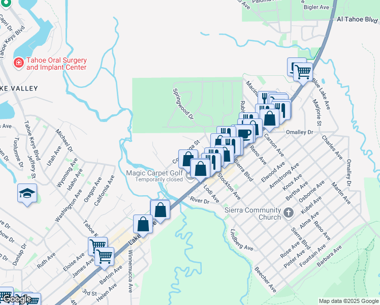 map of restaurants, bars, coffee shops, grocery stores, and more near 10 Ponderosa Street in South Lake Tahoe