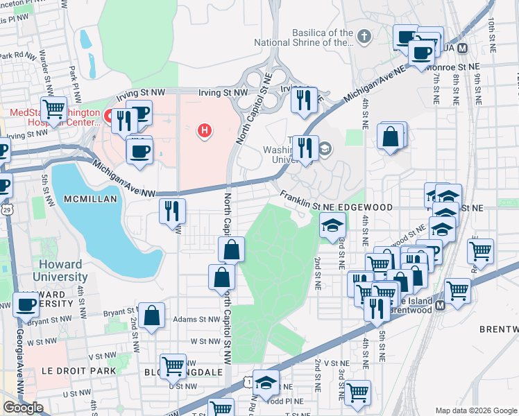 map of restaurants, bars, coffee shops, grocery stores, and more near 101 Independence Avenue Southeast in Washington