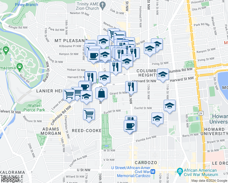 map of restaurants, bars, coffee shops, grocery stores, and more near 101 Independence Avenue Southeast in Washington