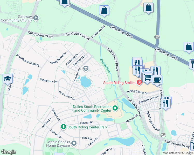 map of restaurants, bars, coffee shops, grocery stores, and more near 25023 Cambridge Hill Terrace in Chantilly