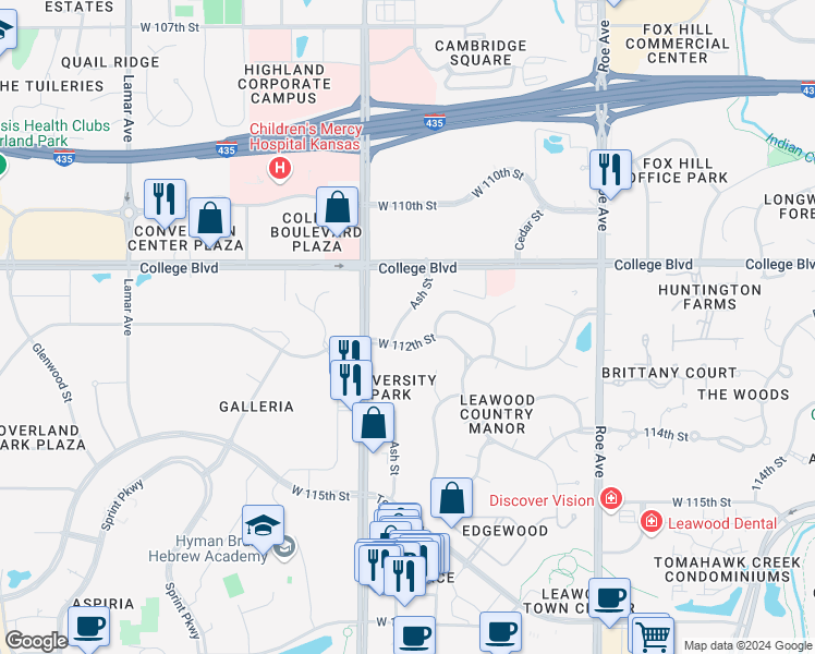 map of restaurants, bars, coffee shops, grocery stores, and more near 11127 Ash Street in Leawood