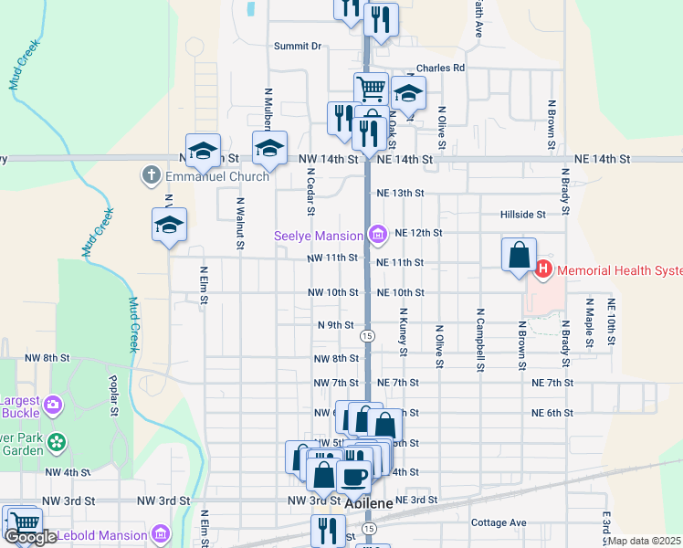 map of restaurants, bars, coffee shops, grocery stores, and more near 108 Northwest 10th Street in Abilene
