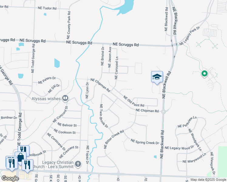 map of restaurants, bars, coffee shops, grocery stores, and more near 2316 Northeast Sweet Water Drive in Lee's Summit