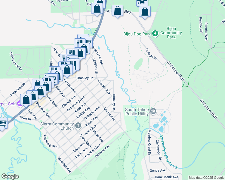 map of restaurants, bars, coffee shops, grocery stores, and more near 2730 Bertha Avenue in South Lake Tahoe
