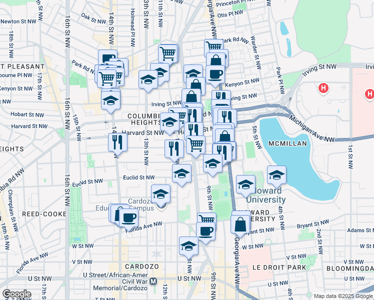 map of restaurants, bars, coffee shops, grocery stores, and more near 1004 Girard Street Northwest in Washington