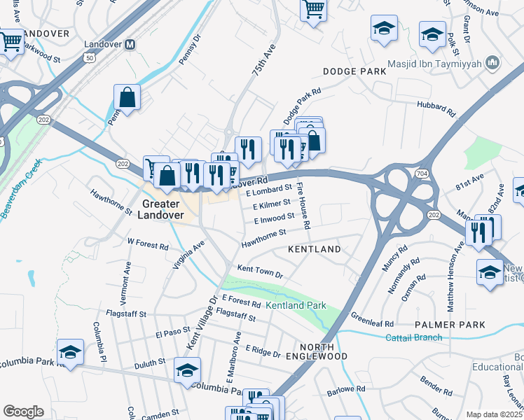 map of restaurants, bars, coffee shops, grocery stores, and more near 7015 East Kilmer Street in Hyattsville