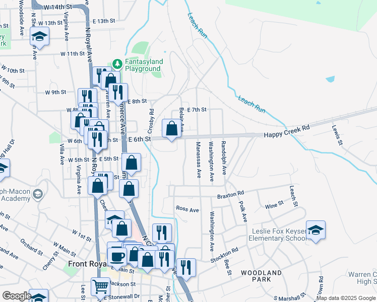 map of restaurants, bars, coffee shops, grocery stores, and more near 519 Belair Avenue in Front Royal