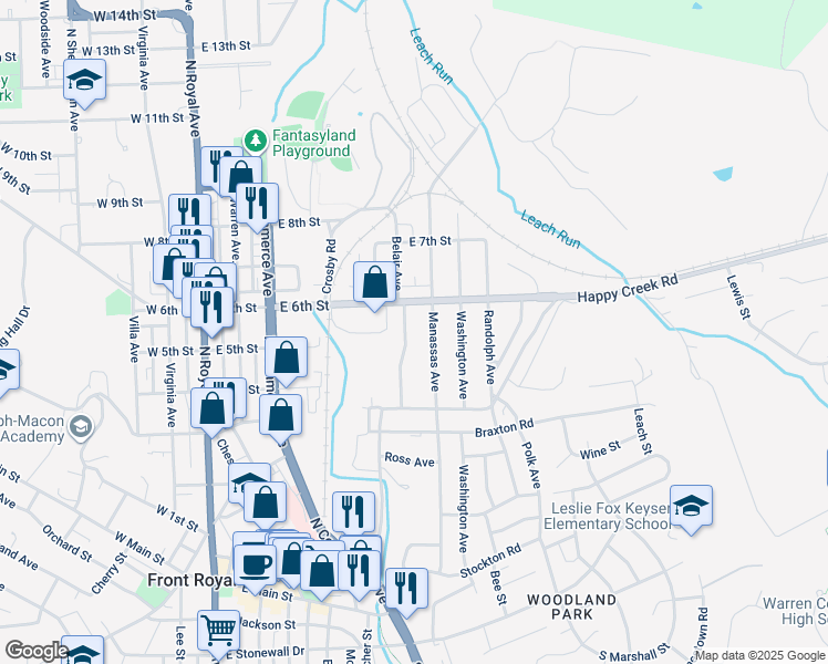 map of restaurants, bars, coffee shops, grocery stores, and more near 519 Belair Avenue in Front Royal