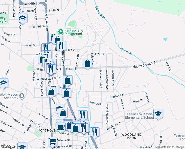 map of restaurants, bars, coffee shops, grocery stores, and more near 518 Belair Avenue in Front Royal