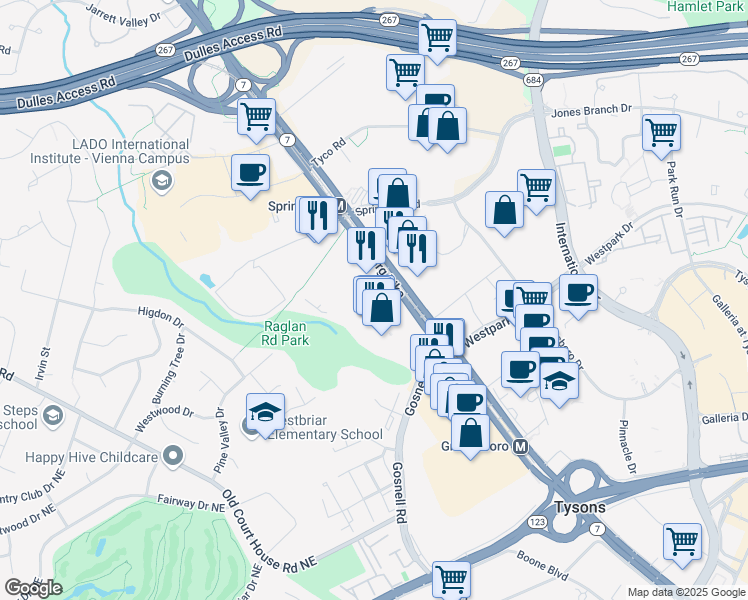 map of restaurants, bars, coffee shops, grocery stores, and more near 8517 Leesburg Pike in Vienna