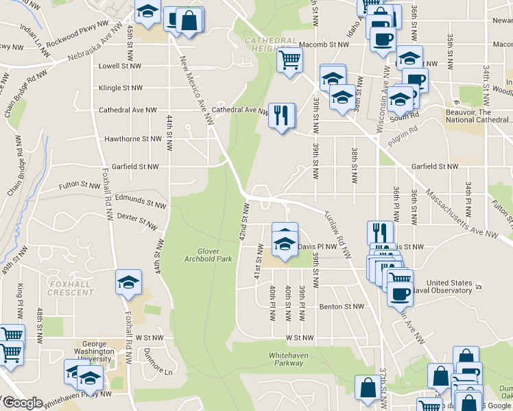 map of restaurants, bars, coffee shops, grocery stores, and more near 4000 Tunlaw Road Northwest in Washington