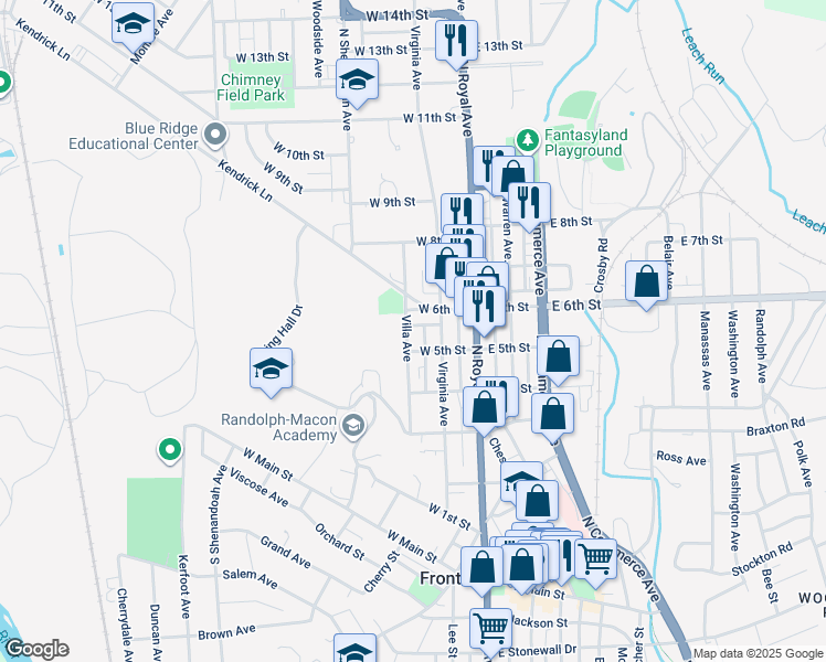 map of restaurants, bars, coffee shops, grocery stores, and more near 517 Villa Avenue in Front Royal