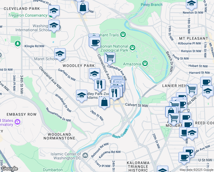 map of restaurants, bars, coffee shops, grocery stores, and more near 2600 Woodley Road Northwest in Washington
