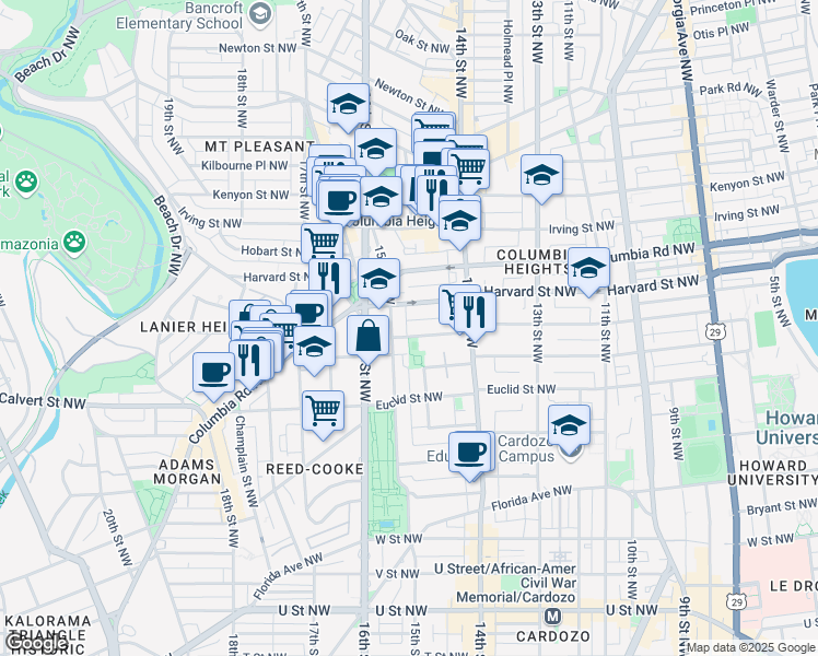 map of restaurants, bars, coffee shops, grocery stores, and more near 1461 Girard Street Northwest in Washington