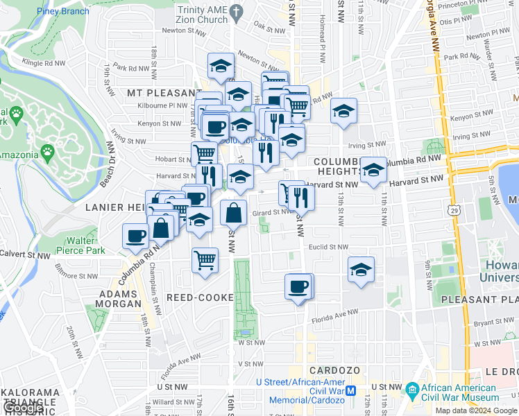 map of restaurants, bars, coffee shops, grocery stores, and more near 1461 Girard Street Northwest in Washington