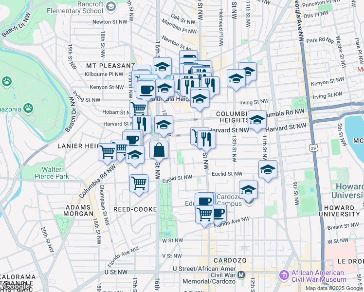map of restaurants, bars, coffee shops, grocery stores, and more near 1447 Girard Street Northwest in Washington