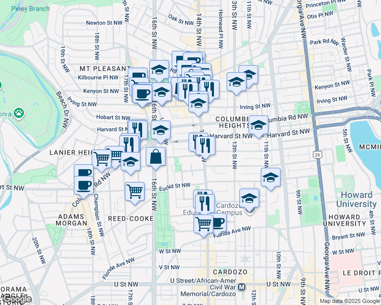 map of restaurants, bars, coffee shops, grocery stores, and more near 1419 Girard Street Northwest in Washington