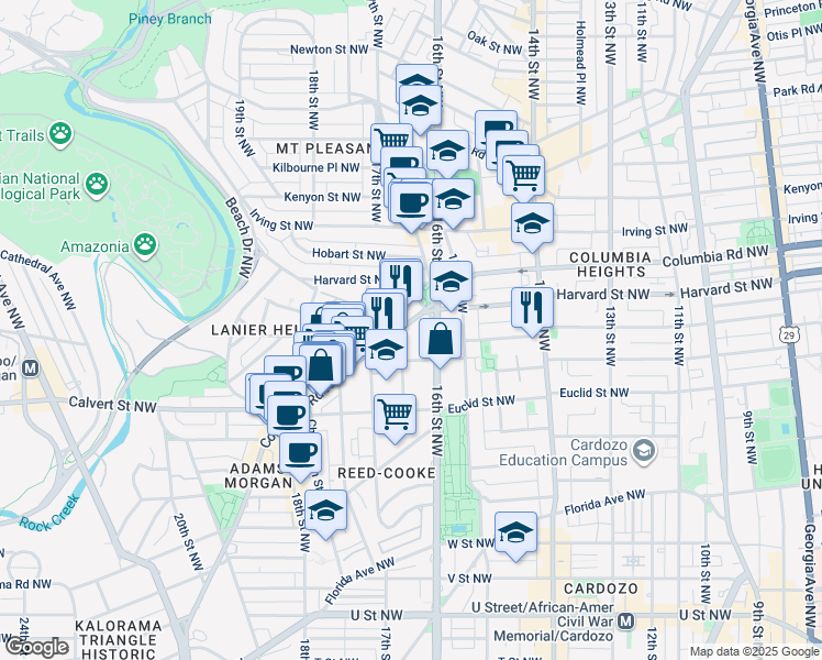 map of restaurants, bars, coffee shops, grocery stores, and more near 1630 Columbia Road Northwest in Washington