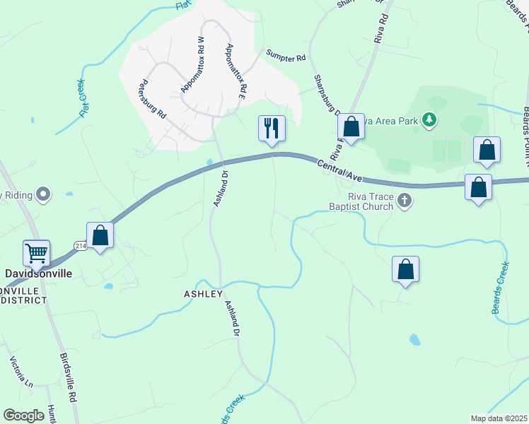 map of restaurants, bars, coffee shops, grocery stores, and more near 3514 Williamsburg Road in Davidsonville