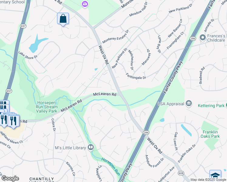 map of restaurants, bars, coffee shops, grocery stores, and more near 13105 Frog Hollow Court in Herndon