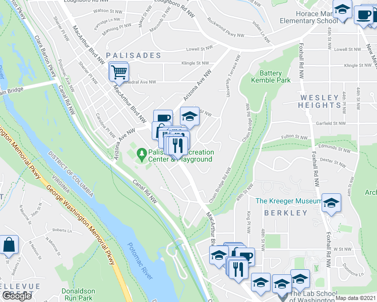map of restaurants, bars, coffee shops, grocery stores, and more near Fulton St NW & Dana Pl NW in Washington