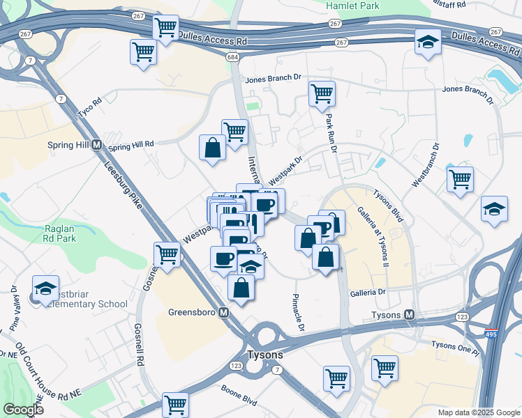 map of restaurants, bars, coffee shops, grocery stores, and more near 1600 International Drive in McLean