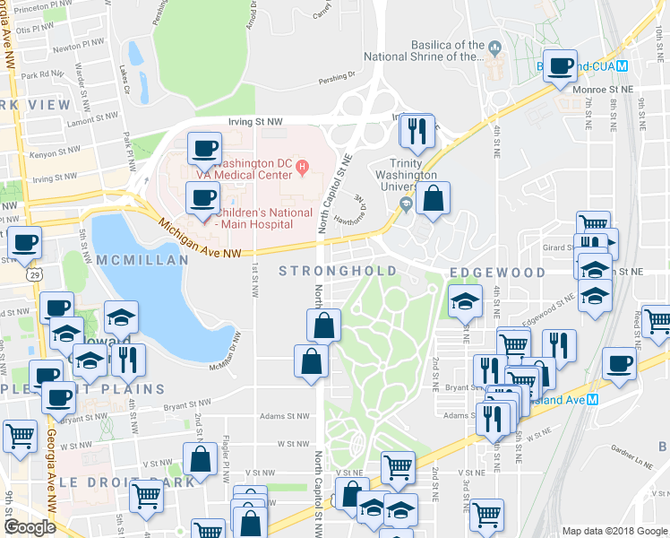 map of restaurants, bars, coffee shops, grocery stores, and more near 3 Girard Street Northeast in Washington