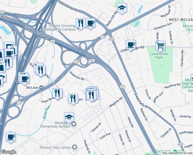 map of restaurants, bars, coffee shops, grocery stores, and more near 7427 Seneca Ridge Drive in McLean