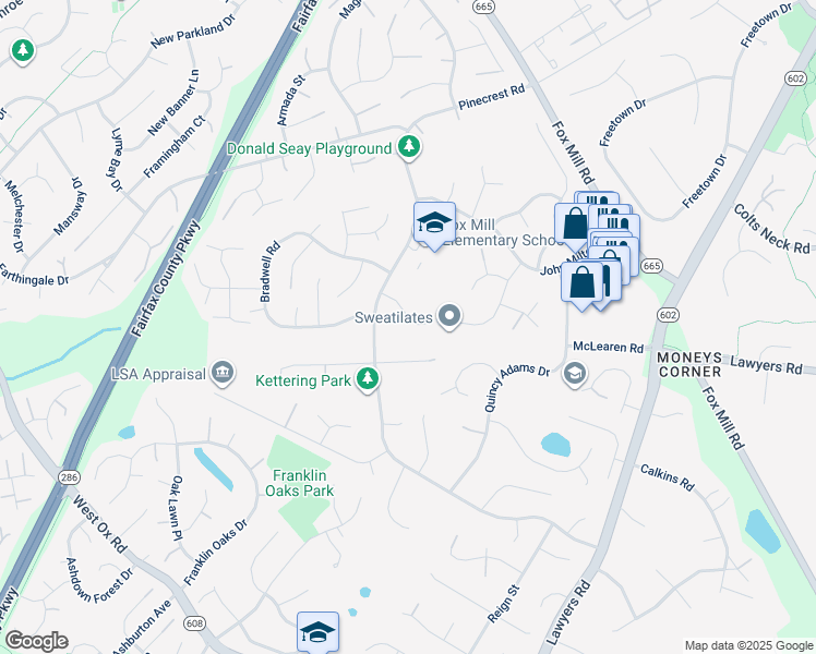 map of restaurants, bars, coffee shops, grocery stores, and more near 2617 Puritan Court in Herndon