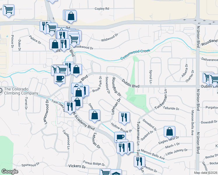 map of restaurants, bars, coffee shops, grocery stores, and more near 6580 Snowbird Drive in Colorado Springs