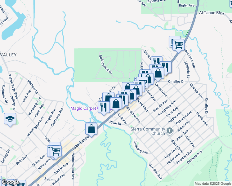 map of restaurants, bars, coffee shops, grocery stores, and more near 10 Ponderosa Street in South Lake Tahoe