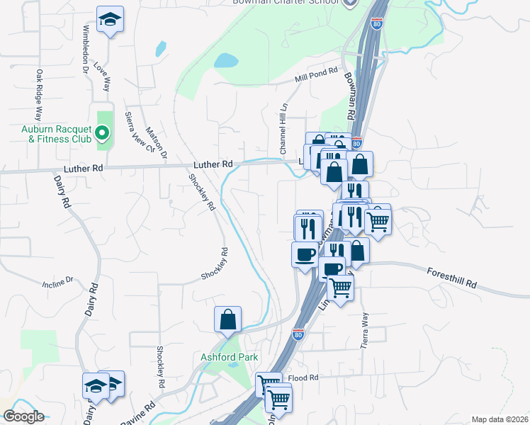 map of restaurants, bars, coffee shops, grocery stores, and more near 260 Daniels Drive in Auburn