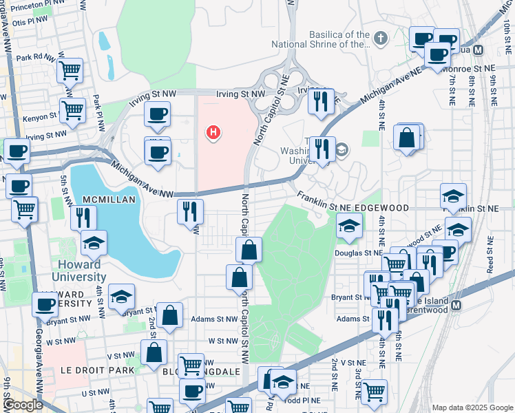 map of restaurants, bars, coffee shops, grocery stores, and more near 3 Girard Street Northeast in Washington