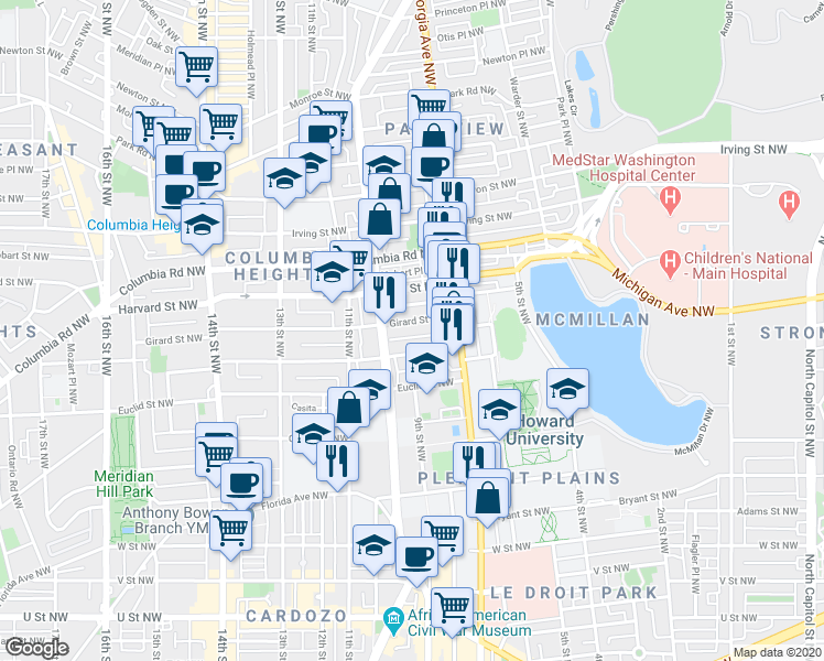 map of restaurants, bars, coffee shops, grocery stores, and more near 773 Fairmont Street Northwest in Washington