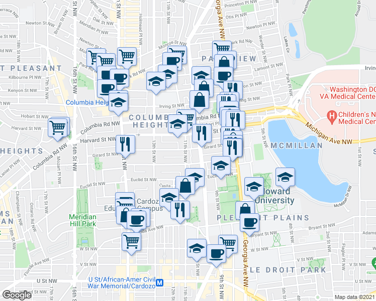 map of restaurants, bars, coffee shops, grocery stores, and more near 101 Independence Avenue Southeast in Washington