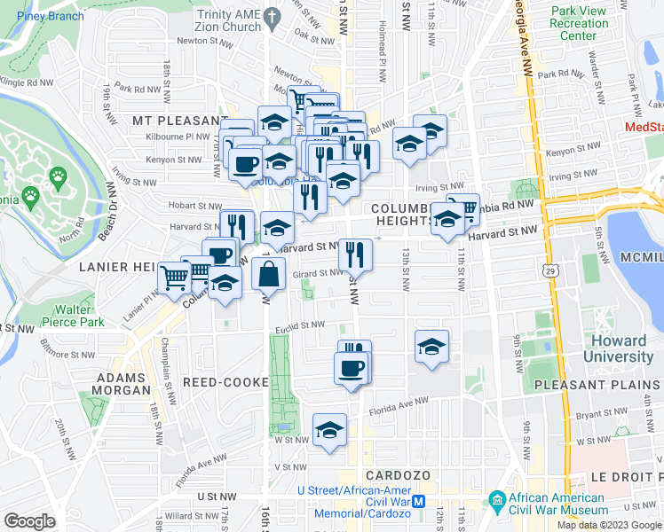 map of restaurants, bars, coffee shops, grocery stores, and more near 101 Independence Avenue Southeast in Washington