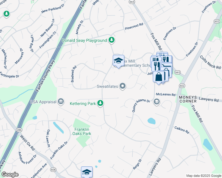 map of restaurants, bars, coffee shops, grocery stores, and more near 2617 Puritan Court in Herndon