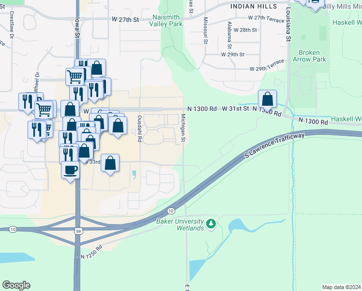 map of restaurants, bars, coffee shops, grocery stores, and more near 3250 Michigan Street in Lawrence