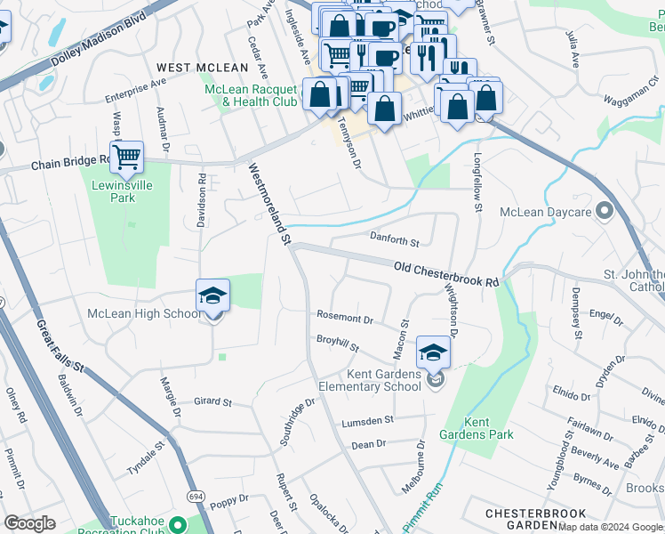 map of restaurants, bars, coffee shops, grocery stores, and more near 1603 Simmons Court in McLean