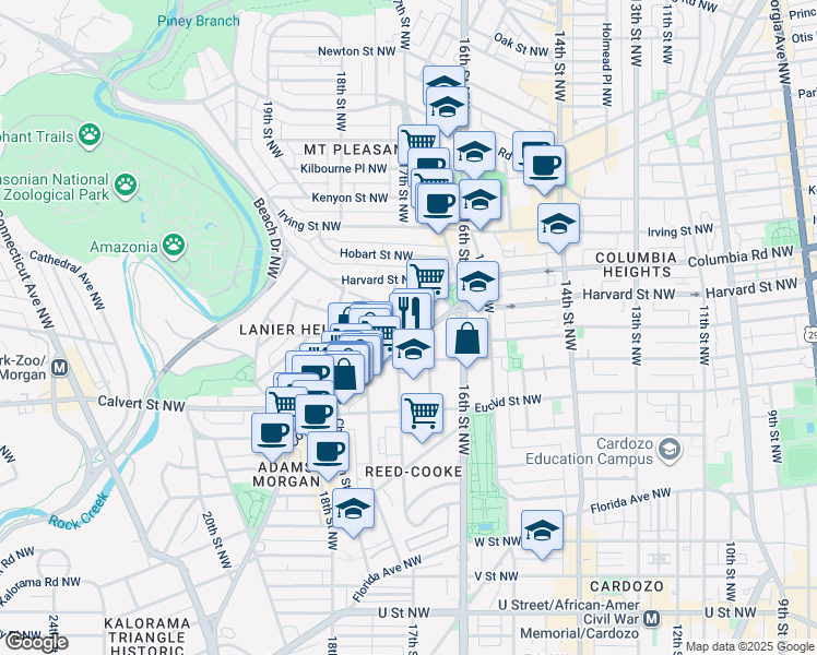 map of restaurants, bars, coffee shops, grocery stores, and more near 1669 Columbia Road Northwest in Washington