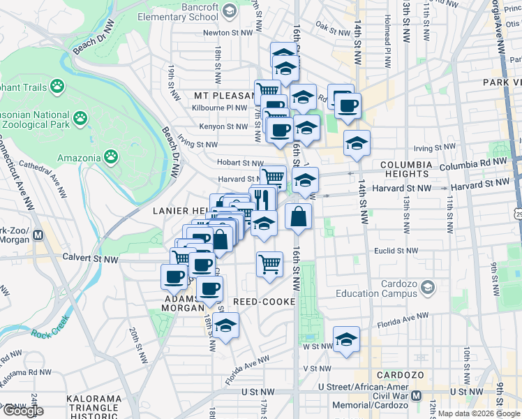 map of restaurants, bars, coffee shops, grocery stores, and more near 101 Independence Avenue Southeast in Washington
