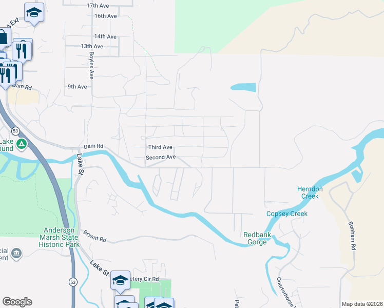 map of restaurants, bars, coffee shops, grocery stores, and more near 16576 2nd Street in Clearlake