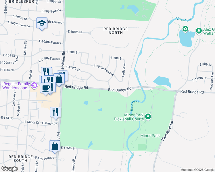 map of restaurants, bars, coffee shops, grocery stores, and more near 1208 East Red Bridge Road in Kansas City