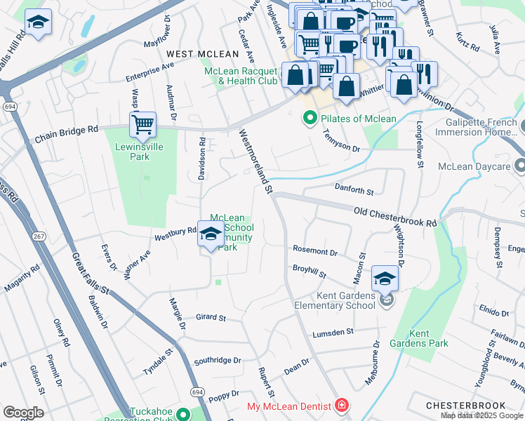 map of restaurants, bars, coffee shops, grocery stores, and more near 6918 Rosemont Drive in McLean