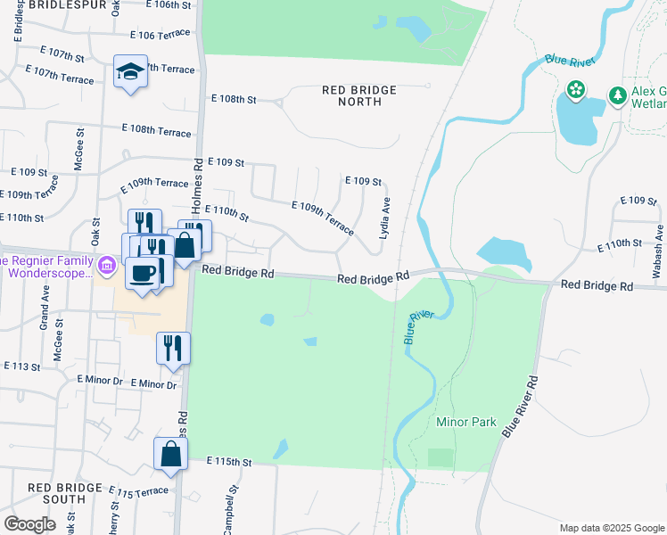 map of restaurants, bars, coffee shops, grocery stores, and more near 1208 East Red Bridge Road in Kansas City