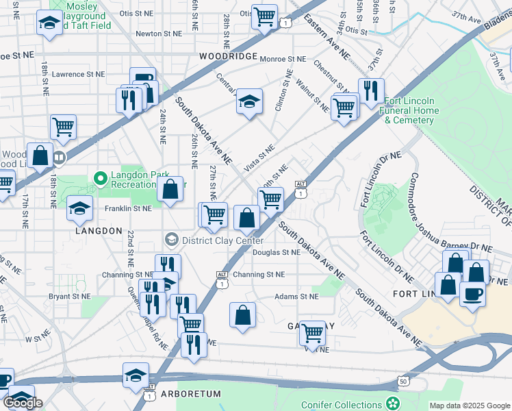 map of restaurants, bars, coffee shops, grocery stores, and more near 3000 Franklin Street Northeast in Washington