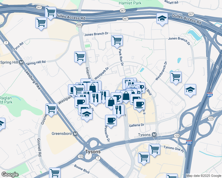 map of restaurants, bars, coffee shops, grocery stores, and more near 1645 International Drive in McLean