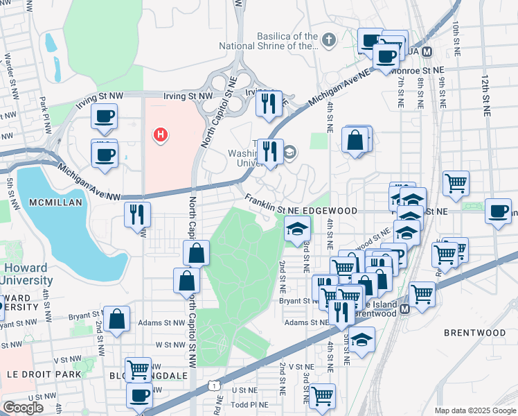 map of restaurants, bars, coffee shops, grocery stores, and more near 101 Franklin Street Northeast in Washington