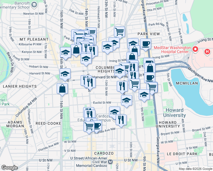 map of restaurants, bars, coffee shops, grocery stores, and more near 13th St NW & Girard St NW in Washington